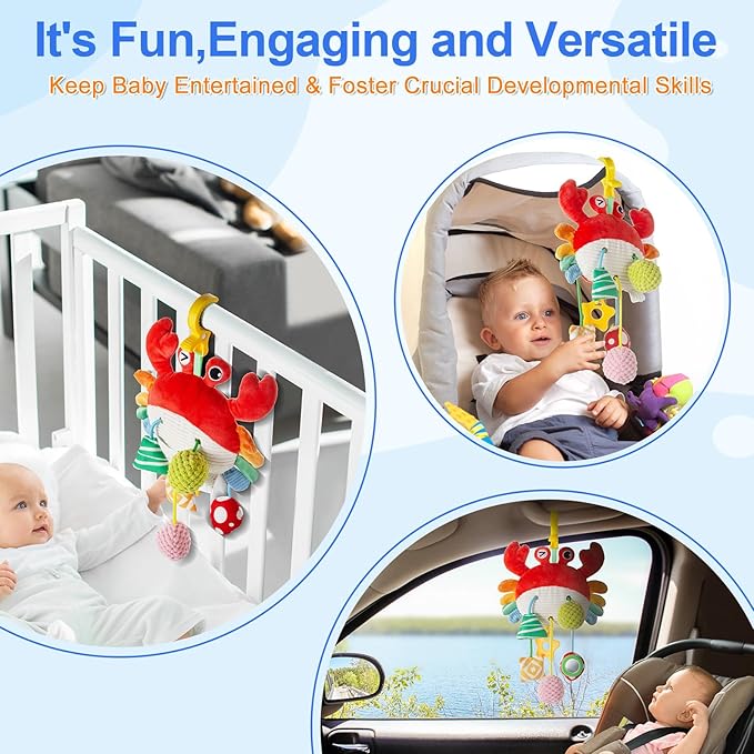 Car Seat Toy for Babies 0-6 Months, Stroller Toy with a Convenient clip, Carseat Toys Hanging Baby Accessories,Built-In Bell, Rattle,Squeaky,Mirror for infant,Babies Gift 0-3-6-12 months Boy Girl