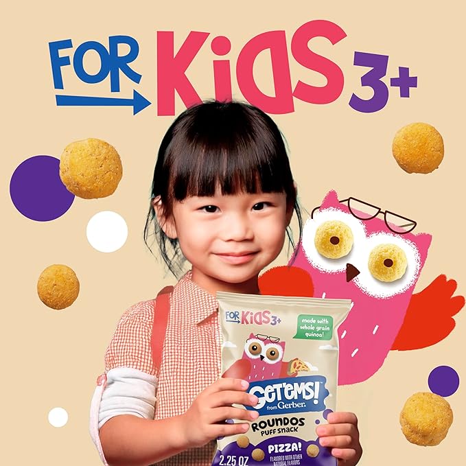 Get'ems! from Gerber, Snacks for Kids, Pizza Roundos Puffs, Made with Whole Grain Quinoa, Calcium to Support Strong Bones - 5 pack