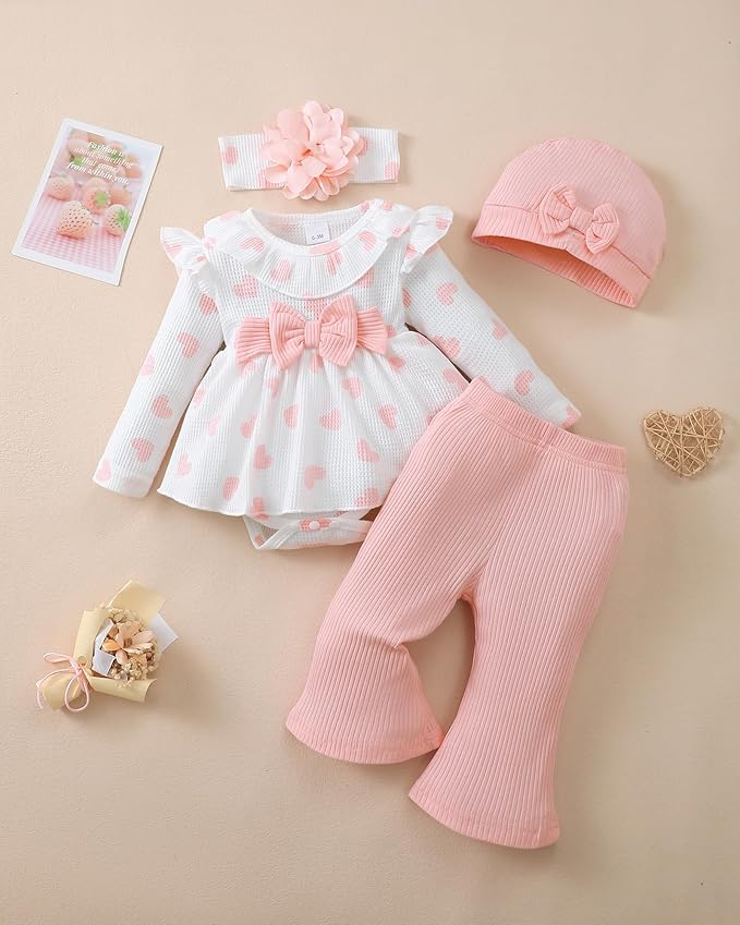 Renotemy Preemie Newborn Baby Girl Clothes Infant Romper Fall Winter Outfits Gifts for Girls Cute Bell Bottoms Pant Sets