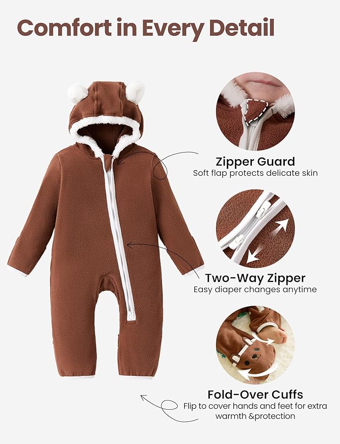 PATPAT Fleece Hooded Footed Romper Clothes, Soft Warm Footie Covers, Car Seat Friendly, Easy Zip, Cute Boy Girl