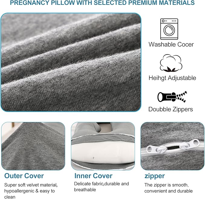 Pregnancy Pillow J-Shaped Full Body Pillow,59 inch with Jersey Cover Easy to Remove and Wash, Support Pregnant Women's Backs Legs and HIPS, Improve Sleep,Pregnancy Pillow for Women ，Dark Grey