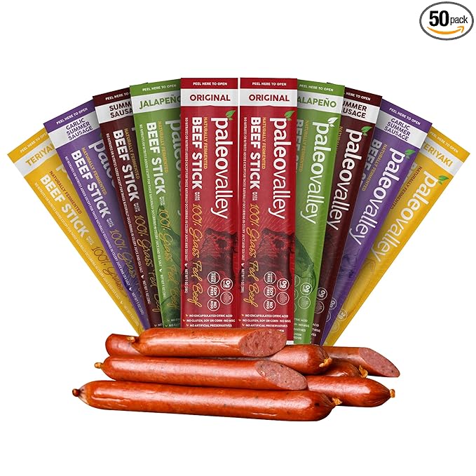 Paleovalley 100% Grass Fed Beef Sticks - Delicious Gluten Free Beef Snack - High Protein Keto Friendly, 50 Count Variety Pack