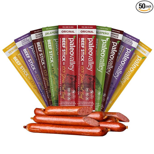 Paleovalley 100% Grass Fed Beef Sticks - Delicious Gluten Free Beef Snack - High Protein Keto Friendly, 50 Count Variety Pack