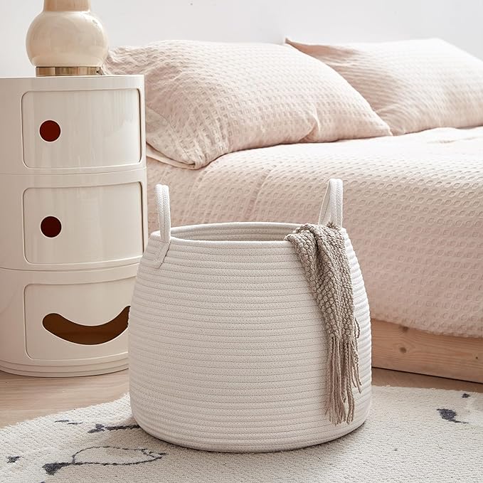 Nursery Laundry Basket | Kids Hamper for Blankets, Pillows,Toys (15"x 13")| Baby Toy Basket | Nursery Storage for Boho Room Decor | Ideal Gift for Baby Showers| White