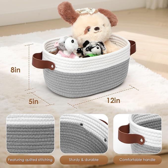 CHEPULA 2 Pack Woven Basket with Gift Bags and Ribbons, Gift Basket Empty for Organizer Baby Shower, Holiday Presents, Wedding, Storage Basket for Nursery (A-Grey White)