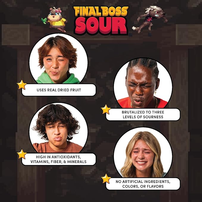 Final Boss Sour Candy, Sour Strawberries, 10 Pack, Level 3, Fruit Chews with Real Dried Fruit, No Artificial Colors or Flavors, Low Calorie Snack for Kids, Teens, Adults, Lunch Boxes & On The Go