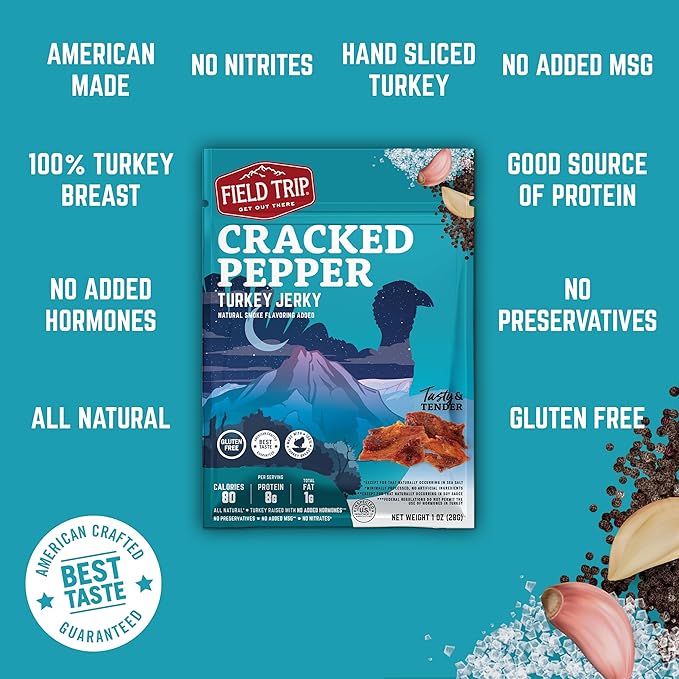 Field Trip Turkey Jerky, Gluten Free, Low Carb, Healthy High Protein Snacks, No Nitrates, All Natural Ingredients, Cracked Pepper, 1oz Bags, 12 Pack