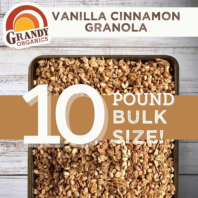 Grandy Organics Vanilla Cinnamon Granola, 10 Pound Bulk Bag, Certified Organic, Gluten Free, Non-GMO, Kosher, Plant Based Protein Granola