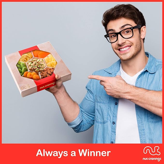 NUT CRAVINGS - Rosh Hashana & Shana Tova Dried Fruit & Mixed Nuts Gift Basket in Red Box (7 Assortments, 1 LB) Food Arrangement, Healthy Snack Care Package, Food Assortments