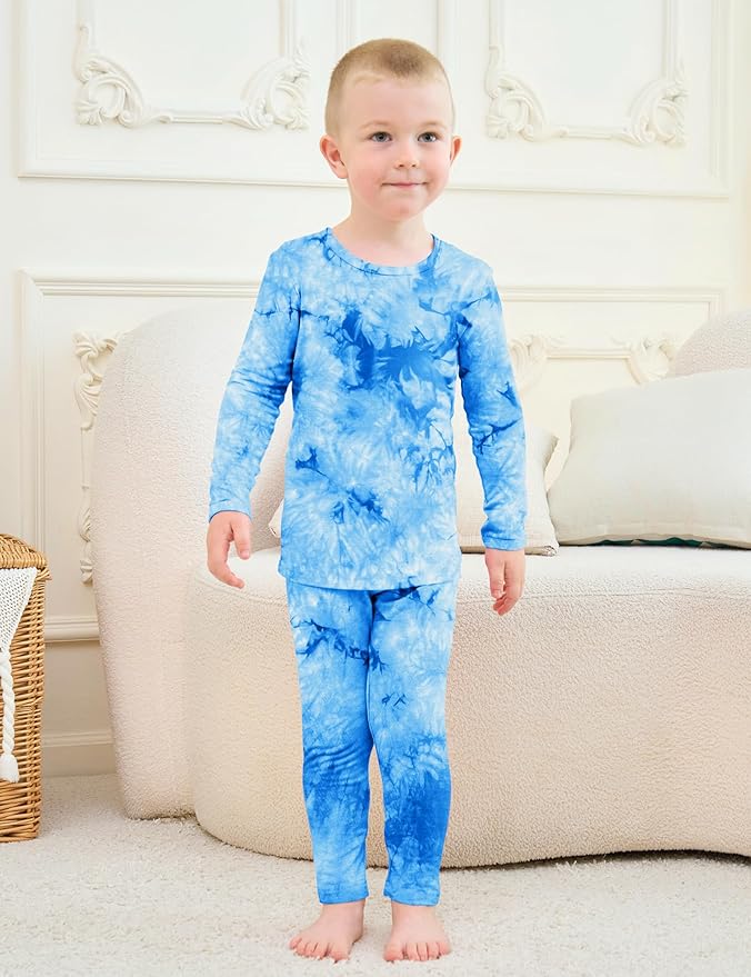 Jimonda Kids Toddler Soft Rayon From Bamboo Pajamas Long Sleeve Boys Girls Sleepwear Outdoor 4pcs Set Tops&Pants Tie Dye Pj