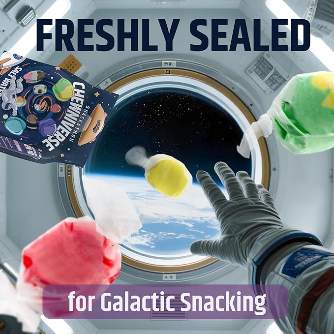 Snackathon Salt Water Taffy Assorted Mix – Chewniverse Edition, 10 Flavor Variety, Individually Wrapped Soft & Chewy Gourmet Candy, Unique 7 oz Themed Bag for Gifting