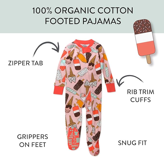 HonestBaby Non-Slip Footed Pajamas One-Piece Sleeper Zip-Front Pjs 100% Organic Cotton for Baby Girls