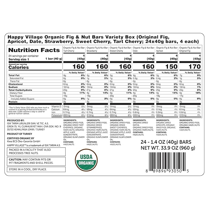 Happy Village Organic Fig & Nut Bars, VARIETY (24 Pack, 1.4 OZ each), Gluten Free, No Refined Sugar, Kosher, Non-GMO, Vegan, Good Source of Fiber, Organic Healthy Snack Bars - 4 bars of Each Flavor