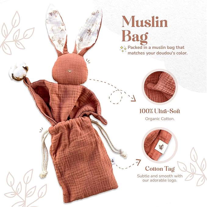 Mikito Organic Cotton Baby Muslin Lovey Bunny - Oeko-TEX & GOTS Certified - Security Blanket & Perfect Loveys for Babies - Unisex New Baby Gift for Ultimate Comfort & Peaceful Dreams