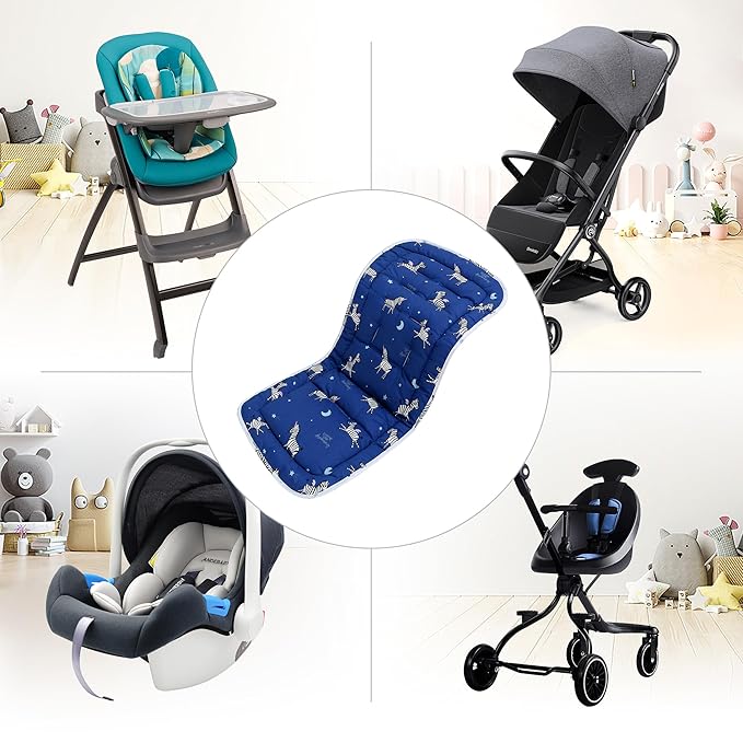 Baby Stroller Cushion,Infant Car Seat Insert-Reversible Universal Breathable and Soft Newborn Stroller Mat,100% Cotton Cover Toddler Seat Pad Liner-34x78cm,1 Pack(Blue Zebra)