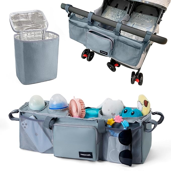 Double Stroller Organizer with 2 Insulated Cup Holders for Bob Duallie Baby Jogger City Mini GT2 Baby Stroller Accessories with Cooler Bottle Bag Parent Console Jogging Stroller Organizer