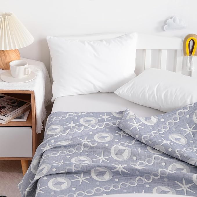 NTBAY 3 Layer Oversized Muslin Cotton Toddler Blanket, 45x60 Inches Jacquard Reversible Nursery Bed Blanket, Super Soft and Thermal Crib Blanket for All Seasons, Baby Gift, 45"x60", Blue Starfish