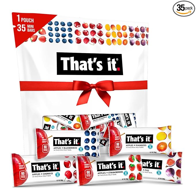 That's it. Mini Fruit Bars (Variety 35 Pack) No Sugar Added, Plant-Based, Vegan & Gluten Free, Breakfast Bar, Paleo, for Children & Adults, Non GMO, Fiber (7 Blueberry, 7 Cherry, 7 Fig, 7 Mango, 7 Strawberry)