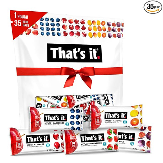 That's it. Mini Fruit Bars (Variety 35 Pack) No Sugar Added, Plant-Based, Vegan & Gluten Free, Breakfast Bar, Paleo, for Children & Adults, Non GMO, Fiber (7 Blueberry, 7 Cherry, 7 Fig, 7 Mango, 7 Strawberry)