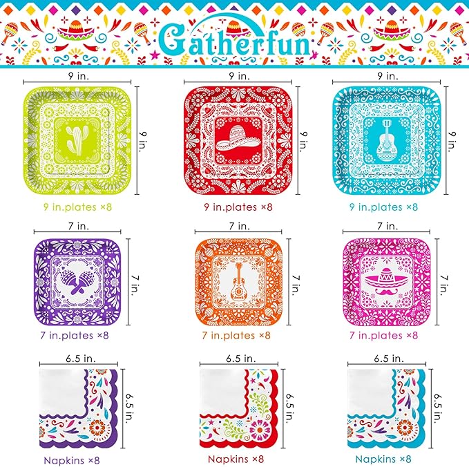 Fiesta Party Supplies Kit for 24 - Ultimate Celebration Pack Including Paper Plates, Napkins, Cups, Tablecloth & Banner | Ideal for Mexican Birthday, Taco, & Cinco de Mayo party Decorations
