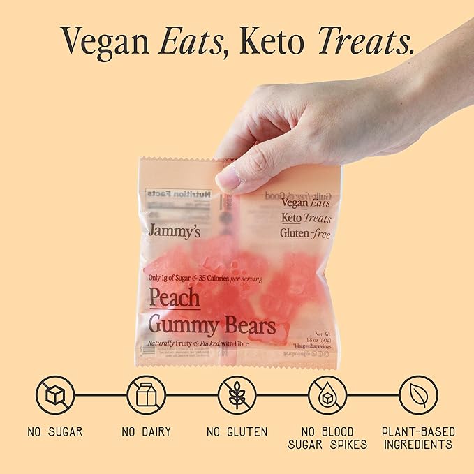 Jammy's™ - Peach Gummy Bears | Sugar-Free & Vegan-Friendly | Keto-Friendly, Gluten-Free, Low Carb, High Fibre & Naturally Fruity | Delicious, Soft & Chewy | Box of 6 x 50g Bags