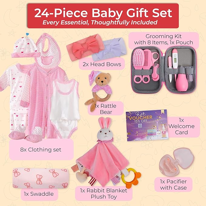 Baby Shower Gift Set, Baby Grooming kit, Baby Clothes, Baby Rattle, Baby Blanket, Swaddle, Pacifier, Gifts for New Baby Girl, Newborn Essentials, Baby Gift Set (Ultimate 24 PC)