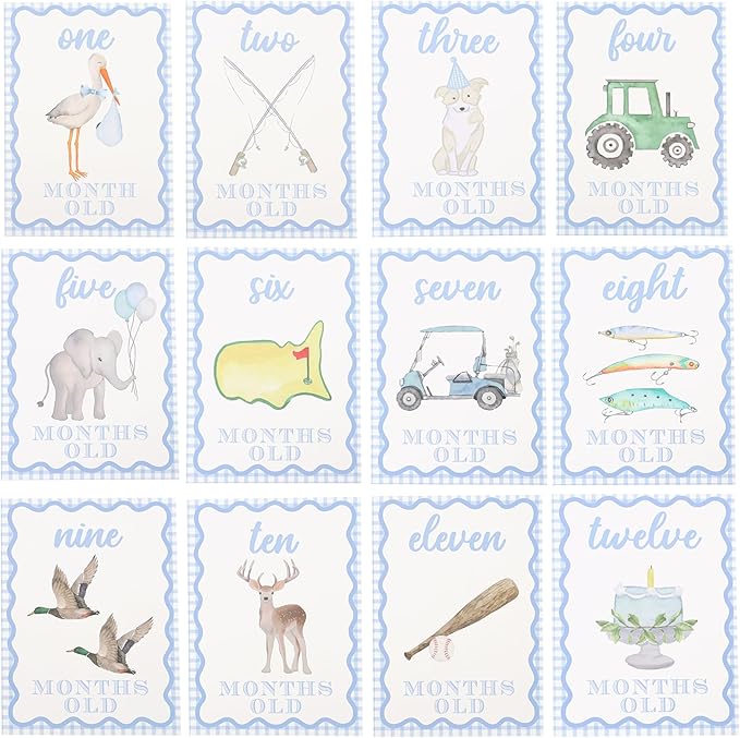 WAUAO Gingham Milestone Monthly Cards - My First Milestone Cards, Baby Shower Photo Props,Baby Milestone Monthly Memories,Boys/Girls Photo Props (blue)