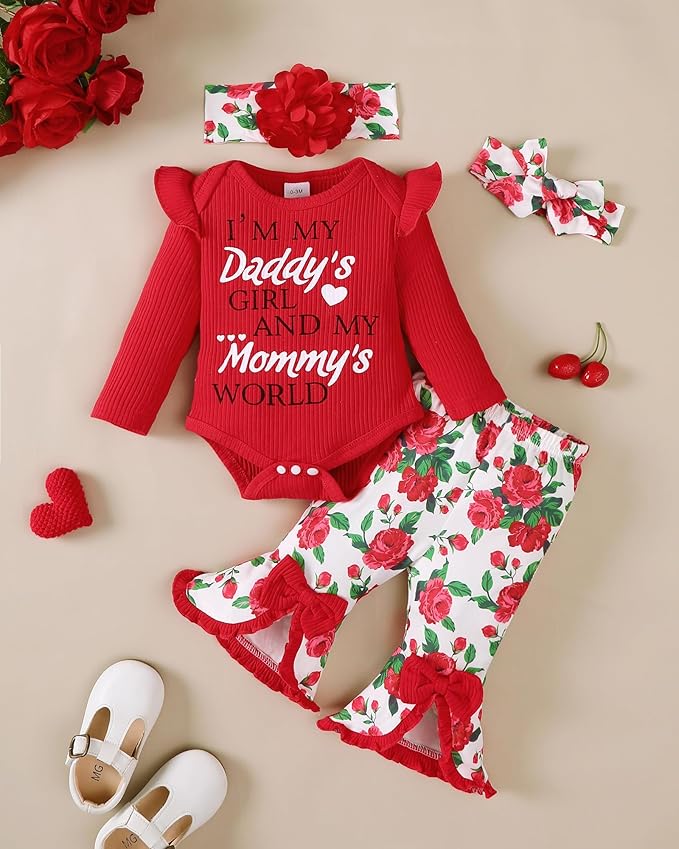 SUNNY PIGGY Newborn Baby Girl Clothes Infant Outfits Romper Floral Fall Outfit Bell Bottoms Pant Sets Hat Headband Flowerpant