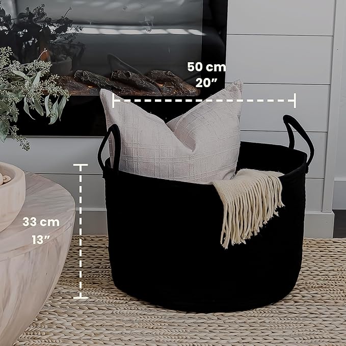 OrganiHaus Large Laundry Basket, Woven Cotton Rope Basket for Blankets, Toy Storage, Nursery Hamper, Living Room Decor Organizer, Soft & Durable Hamper with Handles, 20x13 inches - Black