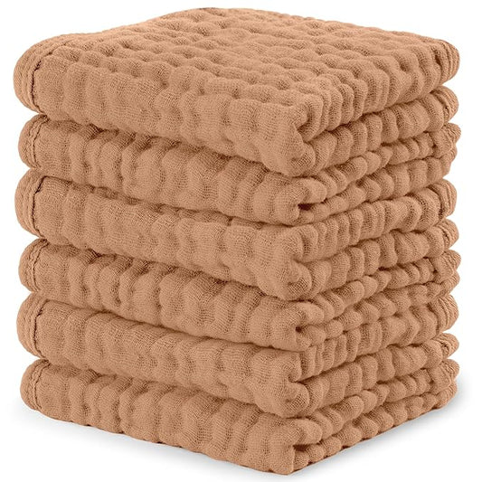 Comfy Cubs Muslin Baby Washcloths 6 Pack - Soft 6-Layer Cotton Wash Cloths for Sensitive Skin - 10"x10" Large, Gentle, Absorbent Infant Essentials for Newborn and Toddlers - Caramel