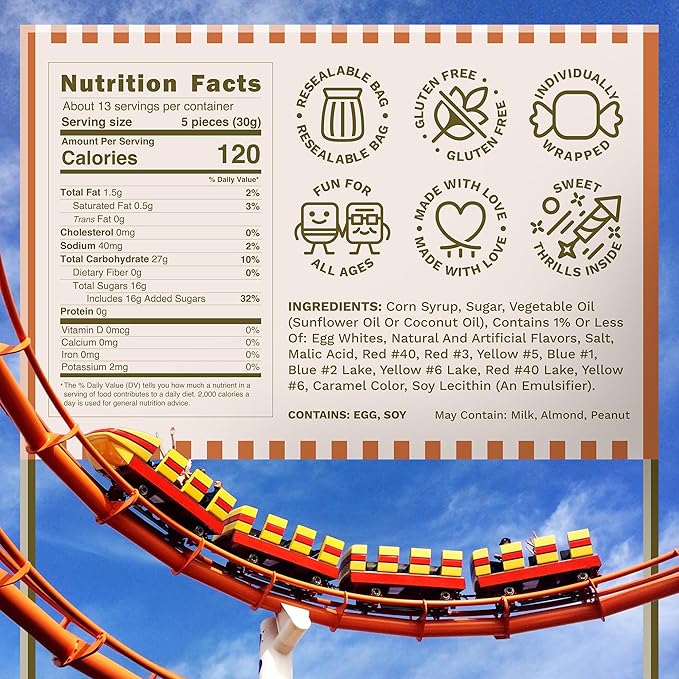 Snackathon Salt Water Taffy Assorted Mix – Roller Chewster Edition, 10-Flavor Carnival Variety, Individually Wrapped Soft & Chewy Gourmet Candy, Unique 15 oz Funfair-Themed Bag for Gifting