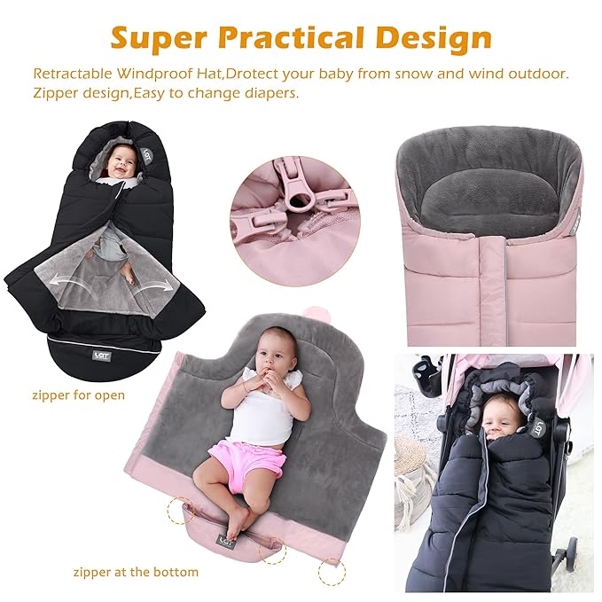 LAT Baby Warm Bunting Bag Universal,Stroller Sleeping Bag Cold Weather,Waterproof Toddler Footmuff (Basic,Pink)