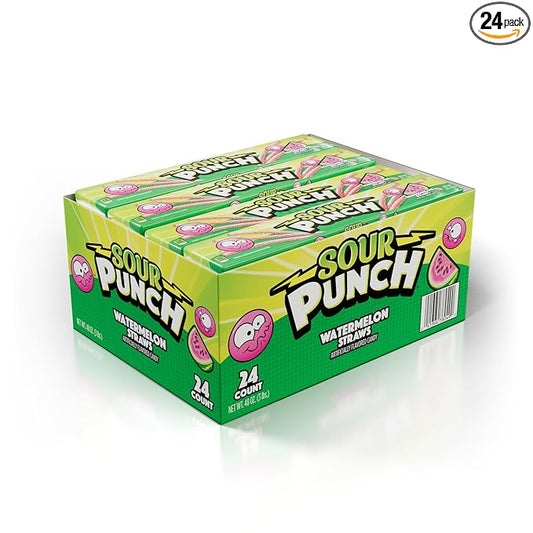 Sour Punch Watermelon Sour Straws, 2oz Tray, (24 Pack)