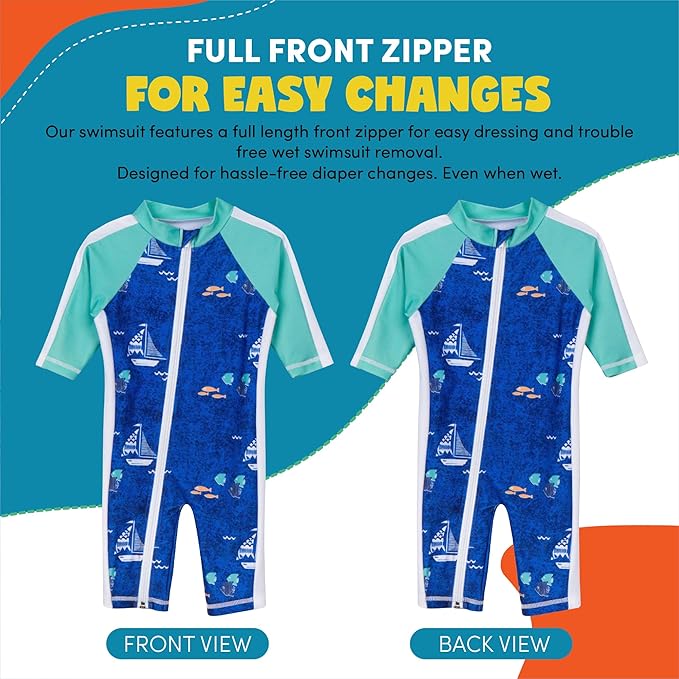 SwimZip Boys' Long-Sleeve UPF 50+ Swimsuit for Baby, Toddler, & Little Boys