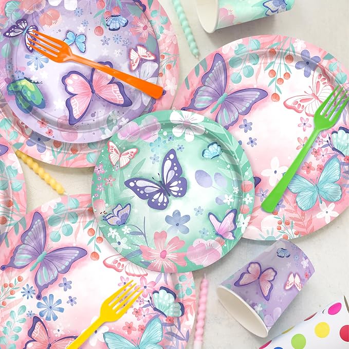 Butterfly Birthday Party Supplies Set - Includes Disposable Plates, Cups, Napkins, Tablecloth, and Banner | Butterfly Party Decorations for Girls Birthday Celebration,Serve 24
