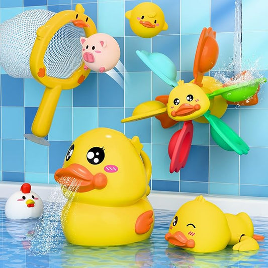 iPlay, iLearn Baby Duck Bath Toy, Toddler Bathtub Suction Water Spinner Gear, Kid Shower Fishing Game W/ Net, Floating Animal, Wind up Swimming Duck, Birthday Gift 6 9 12 Month 1 2 3 Year Old Boy Girl