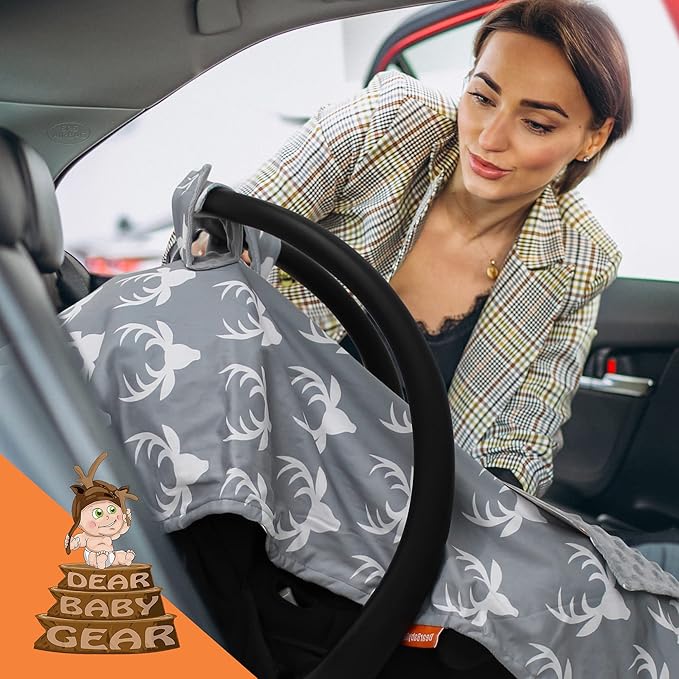 Dear Baby Gear - 40x30 Car Seat Canopy, Infant Carrier Cover for Boys & Girls, Cozy Fall, Nursing & Stroller Use, Newborn Travel Sunshade Accessory, Antlers on Gray, Gray Dot