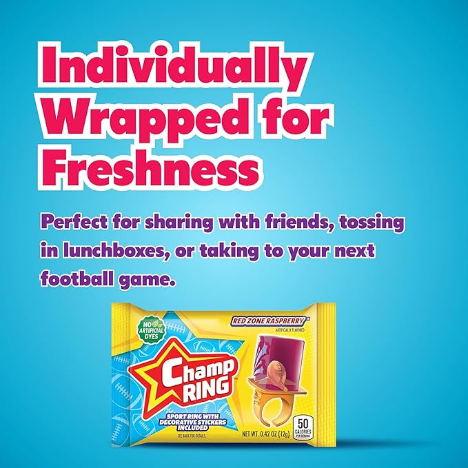 Champ Ring Football, Red Zone Raspberry - Bold Raspberry Flavored Candy Rings - Individually Wrapped - No Artificial Colors or Dyes - Perfect for Parties, Events & Snacks - Bulk Pack of 50