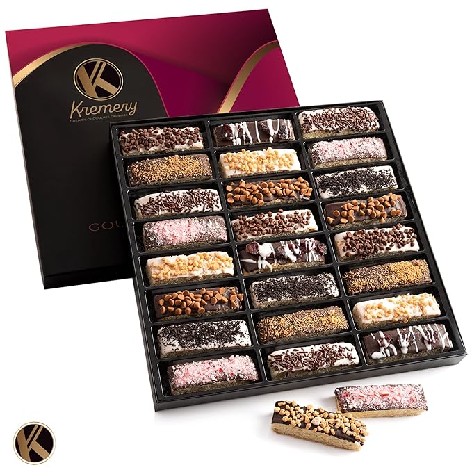 KREMERY Creamy Chocolate Cravings - Chocolate Covered Biscotti Cookies Gift Basket, in Elegant Gift Box (24 Biscotties, Assorted Sweet Toppings) Food Assortments USA Made