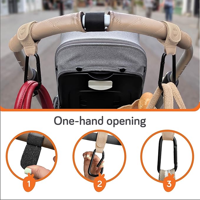 Baby Uma Stroller Hooks for Bags (2 Pack) - Leather-Style Stroller Clips and Hooks, Non-Slip Stroller Accessories, Carry 11 lbs Per Stroller Hook, Universal Baby Essentials & Stroller Accessories