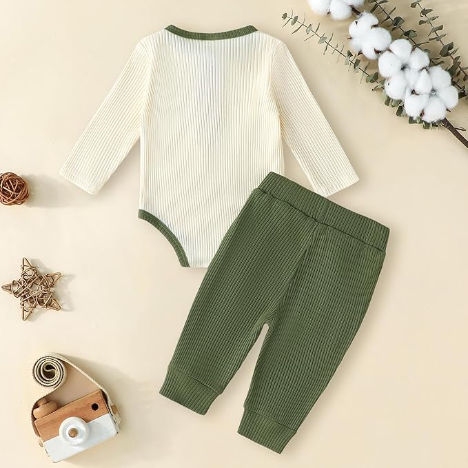 Newborn Baby Boy Girl Clothes Ribbed Knit Cotton Long Sleeve Romper Long Pant Preemie Solid Color Unisex Outfits