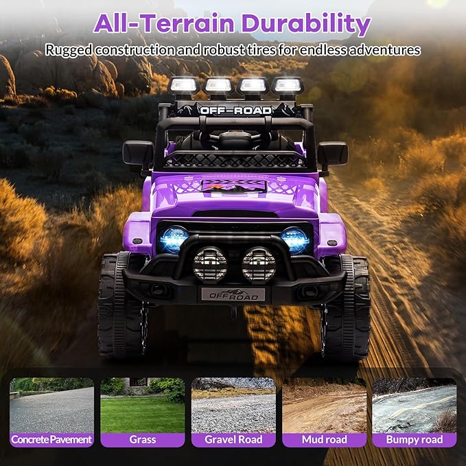 GarveeLife 12V Kids Ride On Car, Ride On Toy for Kids Ages 37-96 Months, Electric Truck with 5MPH Max Speed, Remote Control, Steering Wheel, Accelerator Pedal, Treaded Tires, Music and Story, Purple