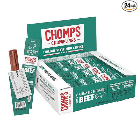 Chomps Snack Size Grass-Fed Italian Beef Jerky Snack Sticks 0.5oz 24-Pack - Keto, Paleo, Whole30, 4g Lean Meat Protein, Gluten-Free, Zero Sugar Food, Non-GMO Chomplings