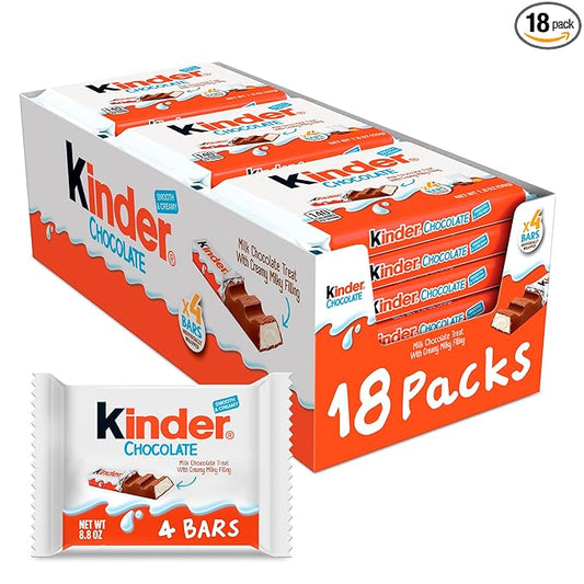Kinder Chocolate, 18 Four Count Packs, Milk Chocolate Bar with Creamy Milky Filling, Individually Wrapped Candy, 1.8 oz Each
