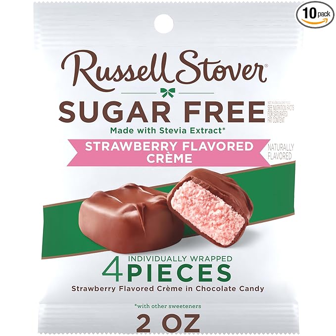 RUSSELL STOVER Sugar Free Strawberry Flavored Crème Candy, 2 oz. bag (Pack of 10)