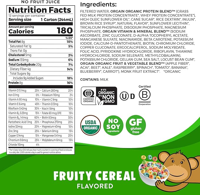 Orgain Organic Kids Nutritional Protein Shake, Fruity Cereal - Kids Snacks with 8g Dairy Protein, 22 Vitamins & Minerals, Fruits & Vegetables, Gluten Free, Soy Free, Non-GMO, 8.25 Fl Oz (Pack of 12)