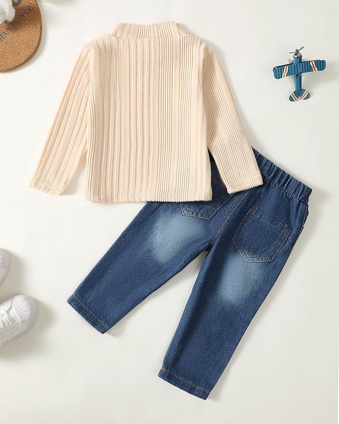 NZRVAWS Toddler Baby Boy Clothes Pullover Sweater Ripped Jean Sweatsuit Little Boy Outfit Fall Winter Clothing Set 6M-7T