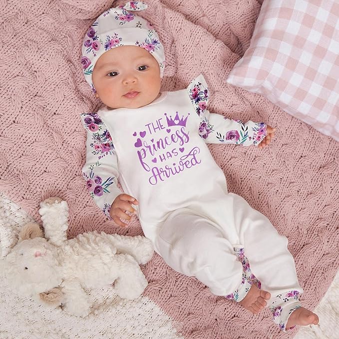 GRNSHTS Newborn Baby Girl Romper Infant Letter Print Jumpsuit Floral Bodysuit+Hat+Headband+Gloves Coming Home Clothes Outfits