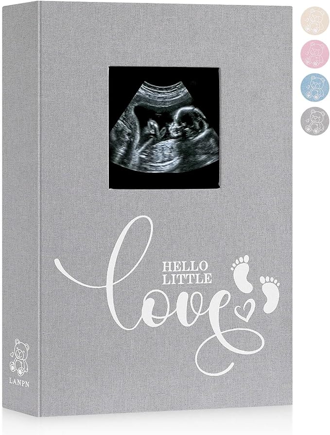Lanpn Baby Photo Album 4x6 300 Pockets, Linen Cover Ultrasound Album with Memo Writing Area, Bebe Sonogram Photobook, Slip-in Picture Book, Newborn Memory Book Keepsake Gifts for Boy Baby Shower Grey