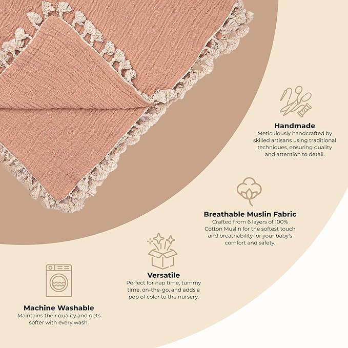 Crane Baby 6-Layer Quilt Muslin Swaddle Blanket, Soft Cotton Lightweight Nursery and Stroller Blanket for Baby Boys & Girls, Copper, 30 X 40